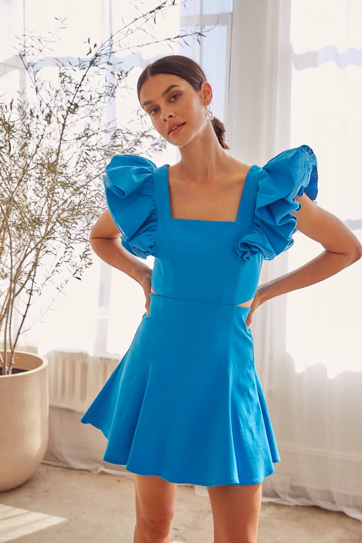 Blue Ruffled Sleeve Dress with Side Cutouts