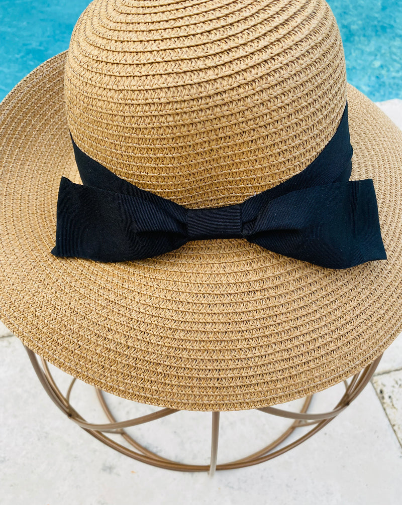 Tan Ladies Adjustable Straw Sun Hat with Black Back Bow Band