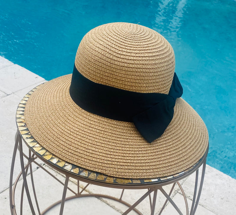 Buy Tan Ladies Adjustable Straw Sun Hat with Black Back Bow Band