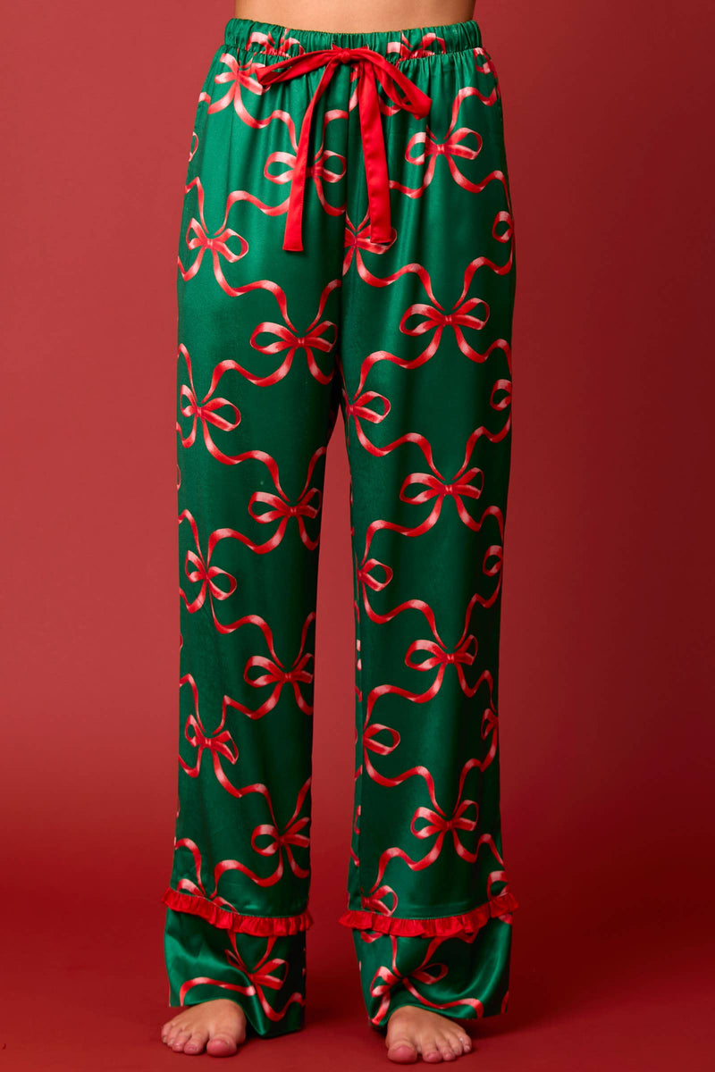 GREEN AND RED BOW PRINTS TIE FRONT RUFFLE DETAILED CHRISTMAS PJS (PAJAMA SET)-Peach Love California