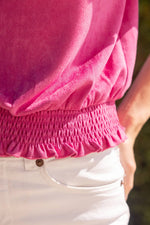 PINK SCALLOPED AND SMOCKED SUEDE RUFFLE TOP-VOY