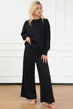 Textured Long Sleeve Top and Drawstring Pants Set-Double Take