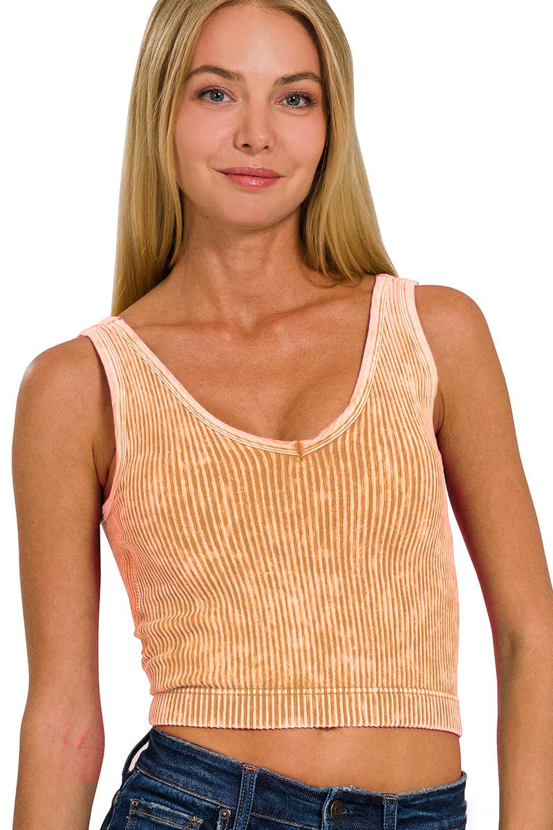 SAND BEIGE WASHED RIB CROP V NECK TANK W/ REMOVABLE BRA-42POPS