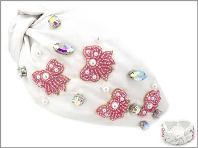 WHITE HEADBAND WITH PINK BEADED BOW AND CRYSTALS-What's Hot