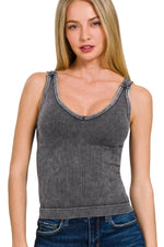 SAND BEIGE WASHED RIBBED TANK TOP W/ BRA PAD-42POPS