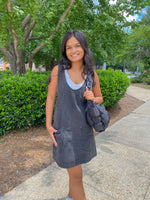 CHARCOAL BLACK DENIM OVERALL DRESS WITH FRONT POCKETS-TCEC