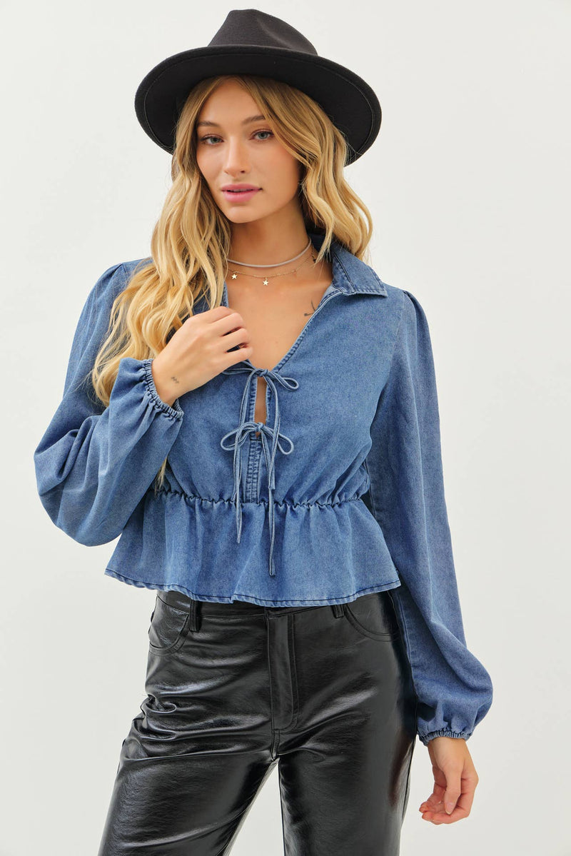 WASHED COTTON DENIM DROP WAIST TOP WITH SPLIT NECK-idem ditto-Sissy Boutique