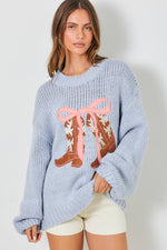 COWBOY BOOTS AND BOW BLUE KNIT LONG SLEEVE SWEATER-Baevely by Wellmade USA