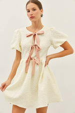 BUBBLE TEXTURED BOW TIE FRONT MINI DRESS-idem ditto-Sissy Boutique