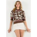 BROWN PINK AND BLACK FLOWER KNIT SHORT SLEEVE MOCK NECK SWEATER-THML