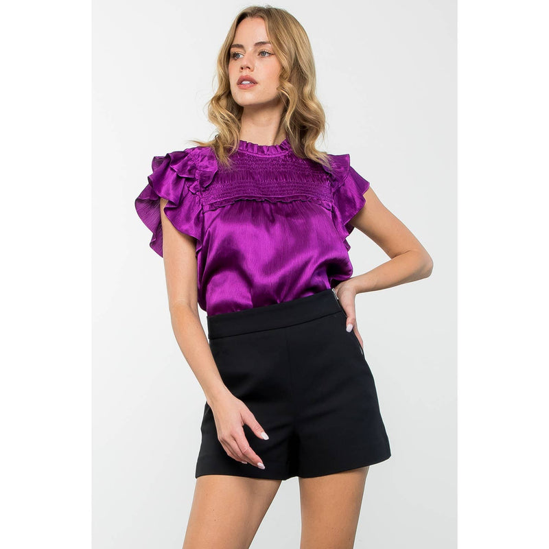 PURPLE SATIN FLUTTER SLEEVE TEXTURED TOP-THML