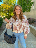 BROWN AND CHAMPAGNE FLORAL BOMBER PUFF JACKET-&merci