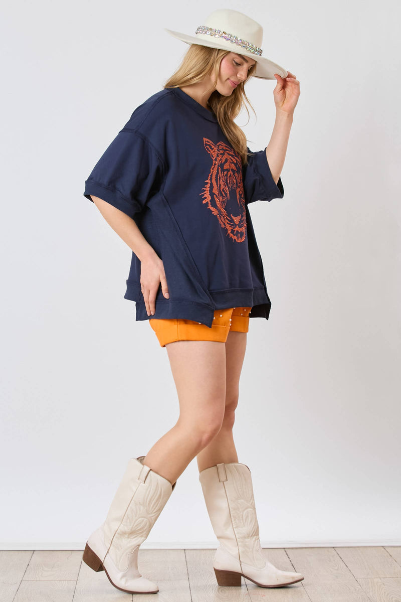 NAVY AND ORANGE AUBURN TIGER HEAD SEQUINS EMBROIDERY SHORT SLEEVE TOP-Fantastic Fawn