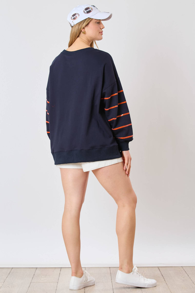 NAVY AUBURN TIGER HEAD SEQUINED STRIPED PULLOVER-Fantastic Fawn