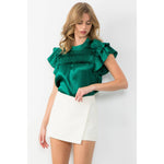 GREEN SATIN FLUTTER SLEEVE TEXTURED TOP-THML