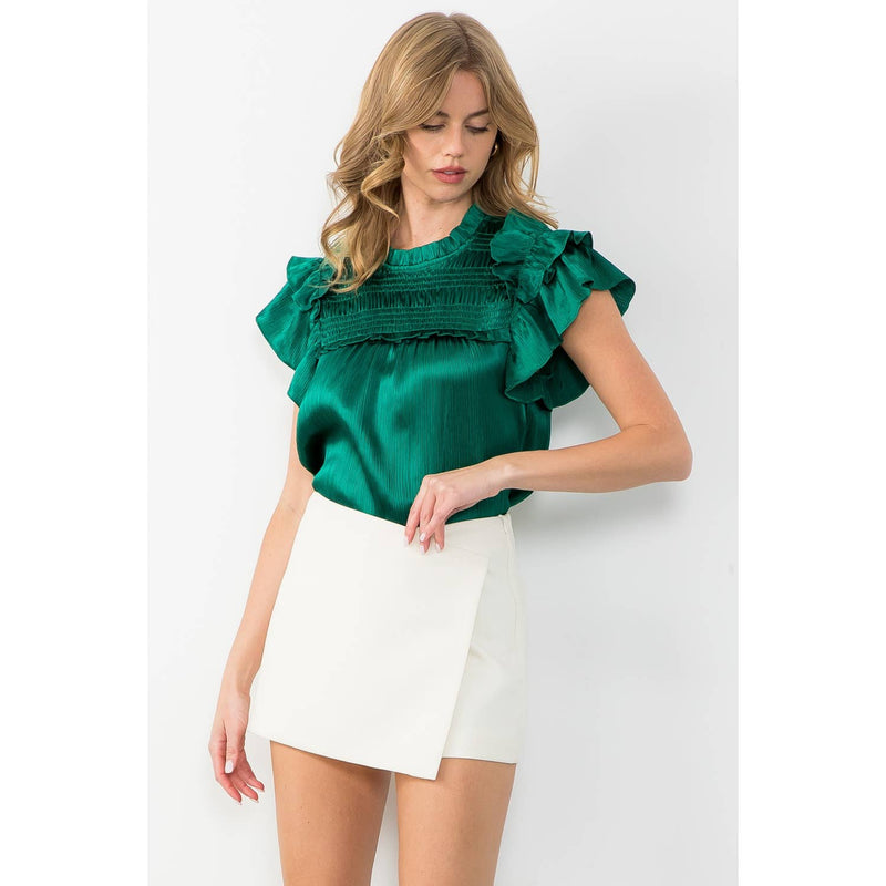 GREEN SATIN FLUTTER SLEEVE TEXTURED TOP-THML