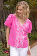 PINK EMBROIDERED BUBBLE SLEEVE TOP-VOY