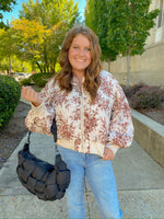 BROWN AND CHAMPAGNE FLORAL BOMBER PUFF JACKET-&merci