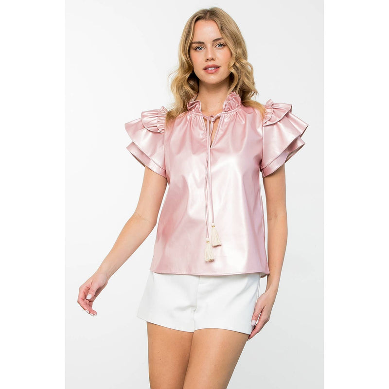 PINK FLUTTER SLEEVE LEATHER TOP-THML