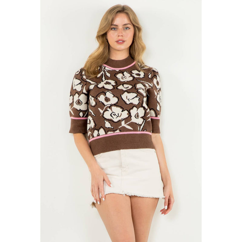 BROWN PINK AND BLACK FLOWER KNIT SHORT SLEEVE MOCK NECK SWEATER-THML