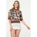 BROWN PINK AND BLACK FLOWER KNIT SHORT SLEEVE MOCK NECK SWEATER-THML