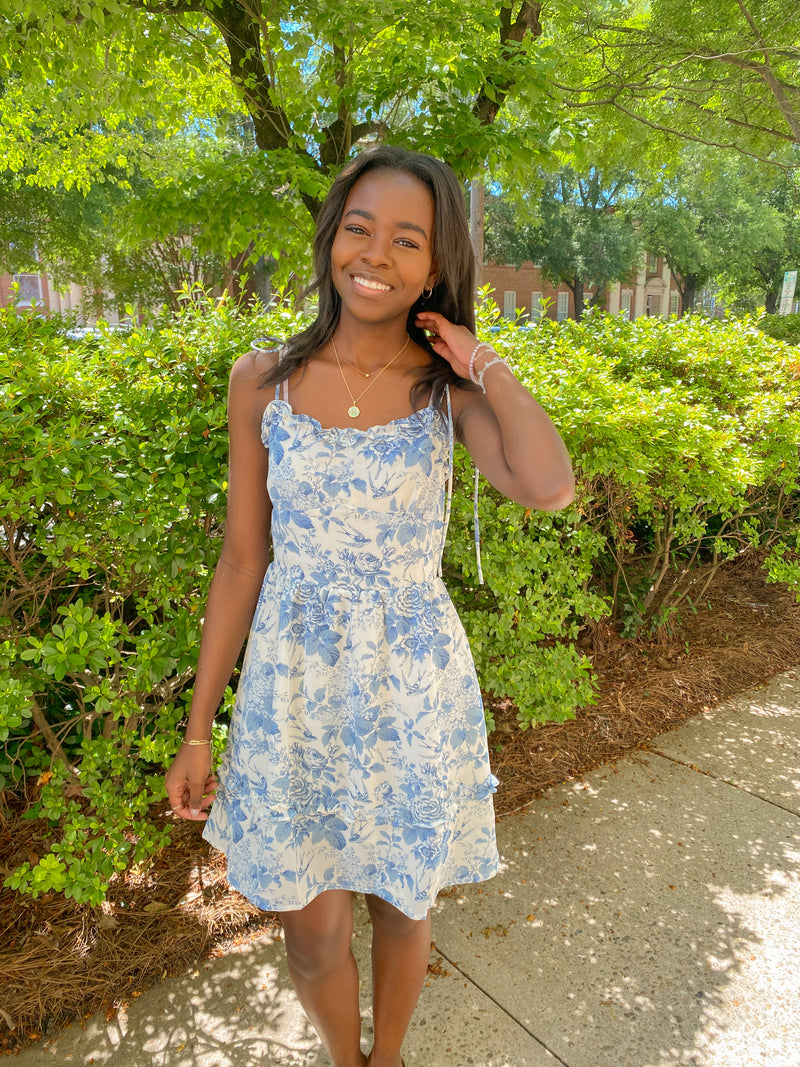 BLUE AND WHITE FLORAL PRINT TIE STRAP MINI DRESS-Sissy Boutique