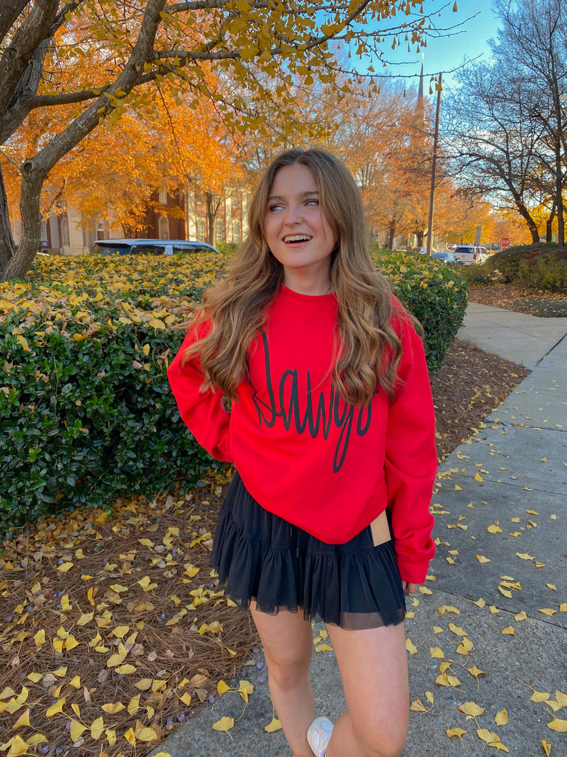 Jumbo Cursive Red “Dawgs” Puff Vinyl on Black Sweatshirt-Sissy Boutique-Sissy Boutique