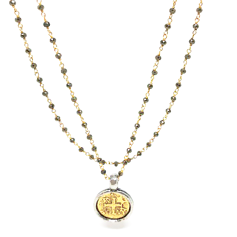 ERIN GRAY COIN IN GOLD ON PYRITE LONG NECKLACE-erin gray