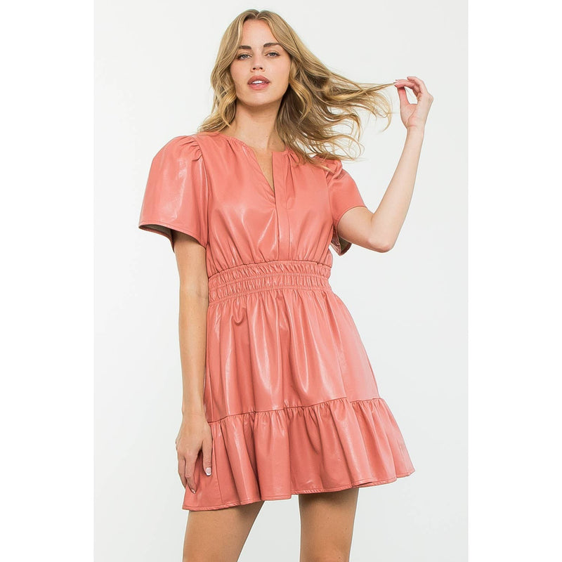 BLUSH SHORT SLEEVE LEATHER DRESS-THML