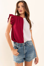 WHITE & BURGUNDY ALABAMA GAME DAY RUFFLE SLEEVELESS WOVEN BLOUSE TOP-Ces Femme