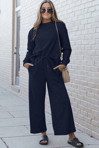 Textured Long Sleeve Top and Drawstring Pants Set-Double Take