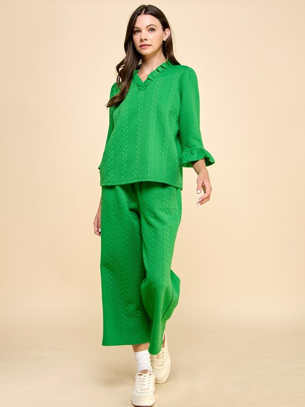 Green Twisted Textured Knit Top and Pants Set-Veveret