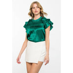 GREEN SATIN FLUTTER SLEEVE TEXTURED TOP-THML