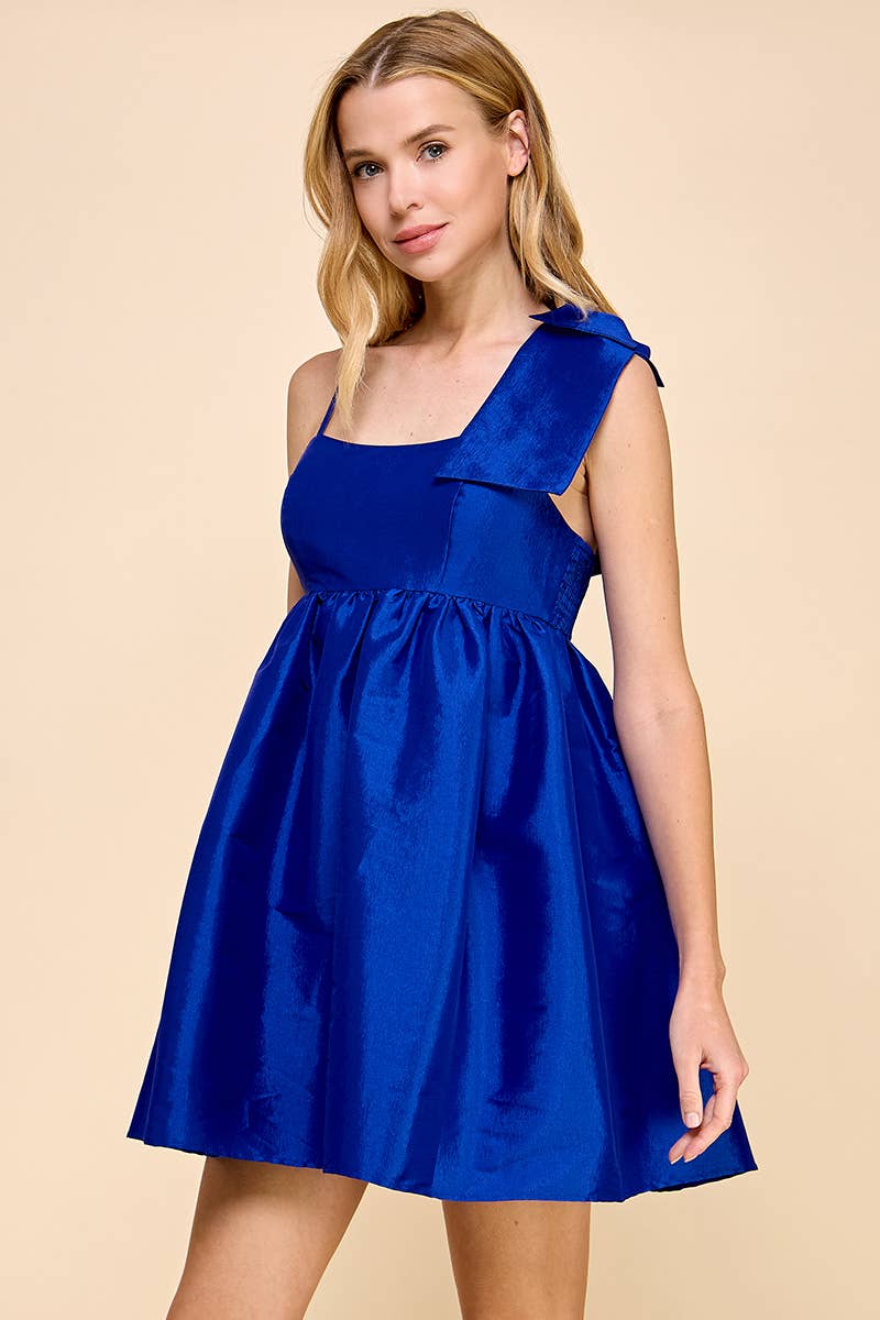 ROYAL BLUE ONE SHOULDER BOW DETAIL MINI PUFF DRESS-TCEC