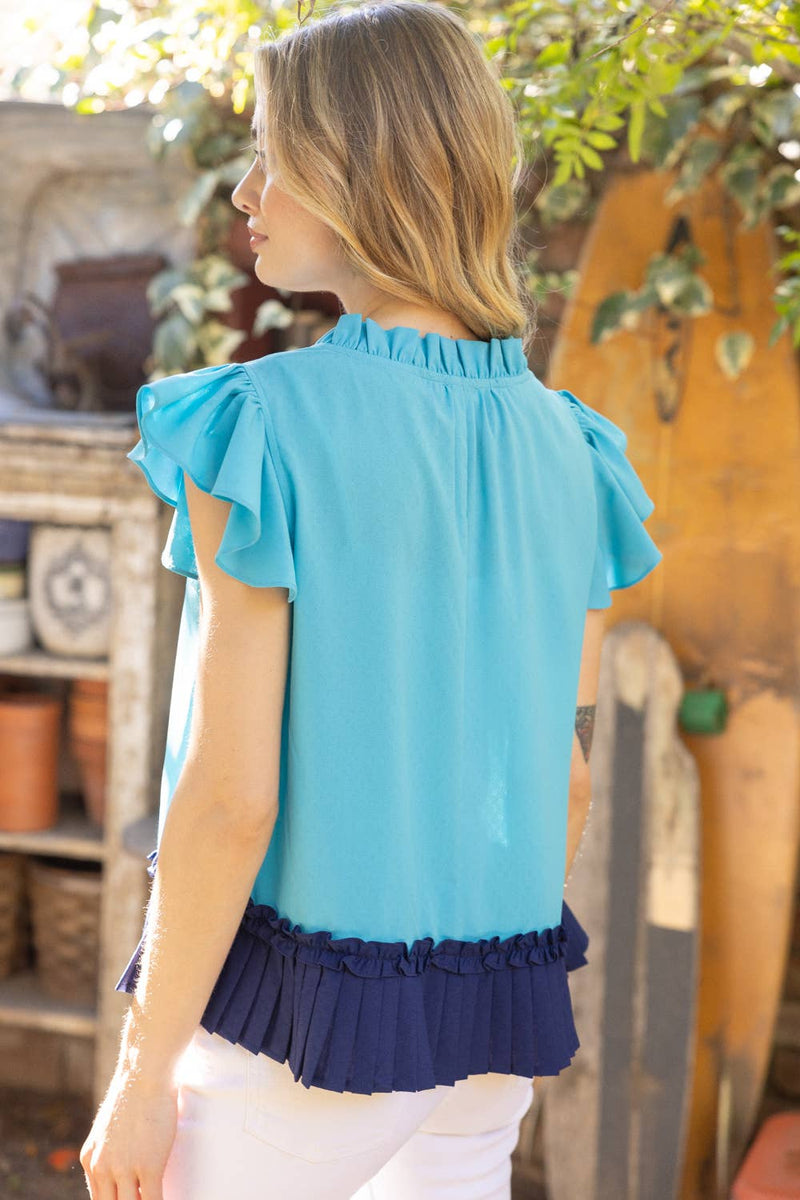 PLEATED CONTRAST BLUE HEM RUFFLE V NECK TOP-VOY