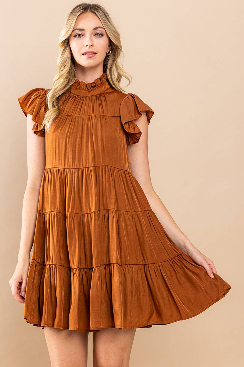 CAMEL TIERED RUFFLE SLEEVE DRESS-TCEC