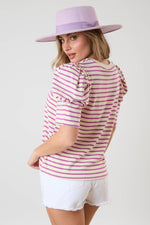 MAGENTA & CREAM STRIPE PUFF SLEEVE CREW NECK TOP-Peach Love California