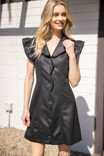 BLACK FAUX LEATHER SCALLOPED DRESS-VOY