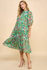 GREEN MULTICOLOR ABSTRACT PRINTED TIERED MIDI DRESS-TCEC