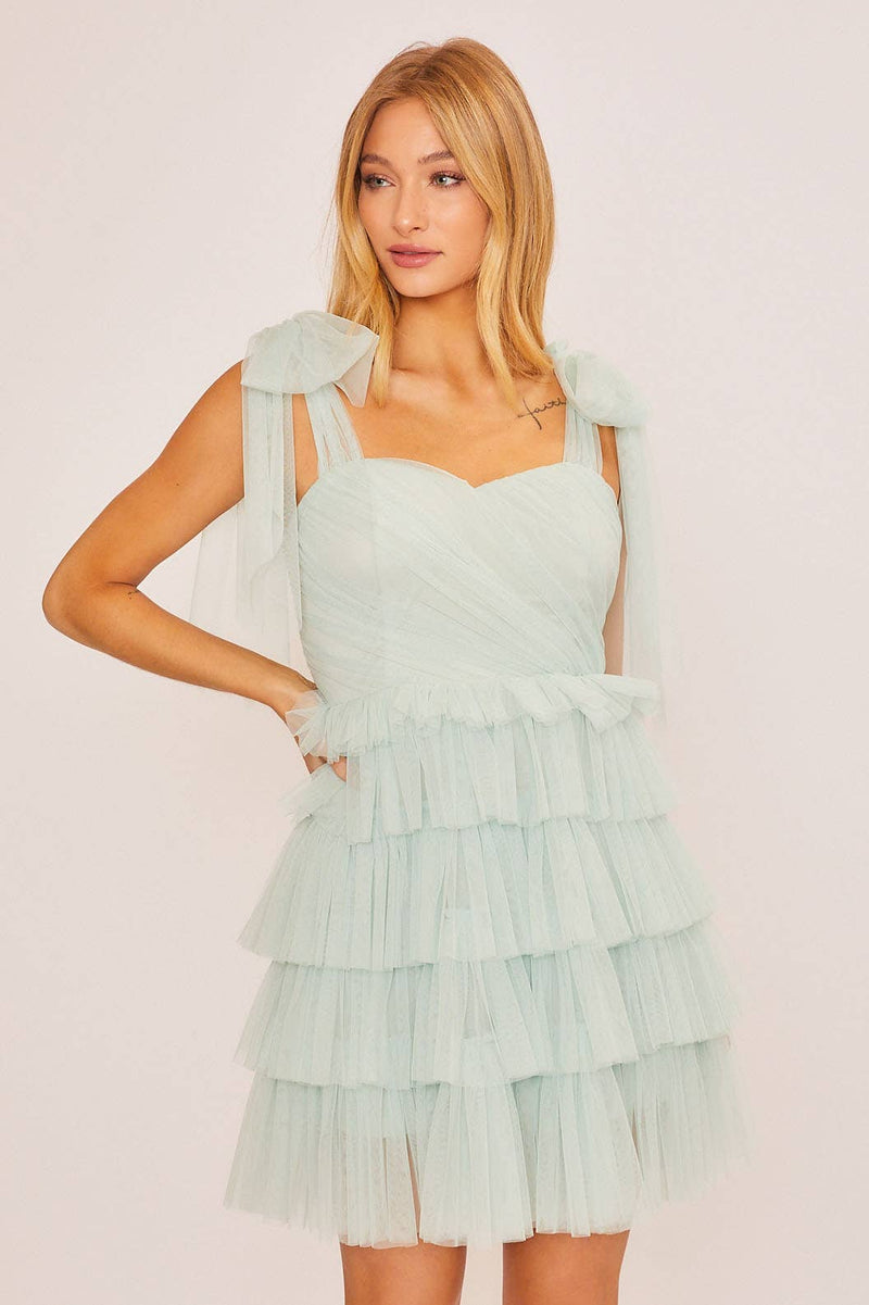 DUSTY SAGE RUFFLED MINI DRESS WITH SHOULDER SELF TIES-Baevely by Wellmade USA