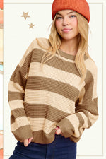 Brown and Tan Loose Fit Striped Round Neck Long Sleeve Sweater-La Miel