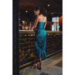 TEAL SATIN WRAP ONE SHOULDER RUFFLED DRESS-Dress Forum