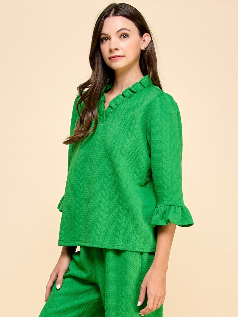 Green Twisted Textured Knit Top and Pants Set-Veveret