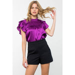 PURPLE SATIN FLUTTER SLEEVE TEXTURED TOP-THML