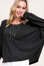 BLACK BRUSHED WAFFLE KNIT LOOSE FIT LONG SLEEVE TOP-La Miel