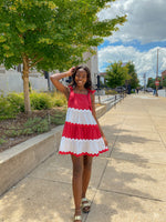 CRIMSON AND WHITE RICRAC SHOULDER TIE MINI DRESS-Sissy Boutique