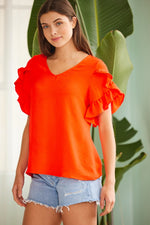 ORANGE RUFFLED TULIP SLEEVE V-NECK TOP-FSL Apparel