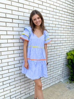 NAVY SEERSUCKER STRIPED AND MULTI-COLORED RIC RAC DRESS-Entro-Sissy Boutique