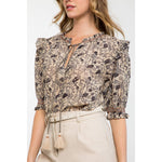 BEIGE AND BLACK FLORAL TASSEL TIE PRINT TOP-THML