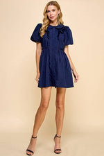 NAVY PUFF SLEEVE BUTTON DOWN DRESS-TCEC